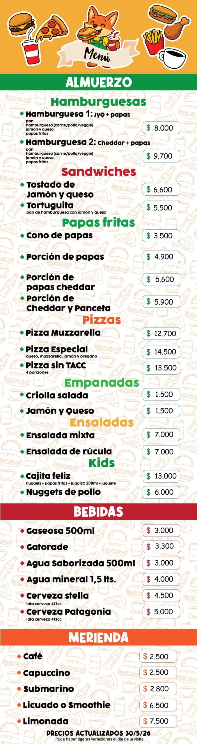 Menu cantina con precios de distintas opciones para comer
